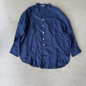 Monday Linen Button Front Top Navy Blue P/S V-Neck Blouse